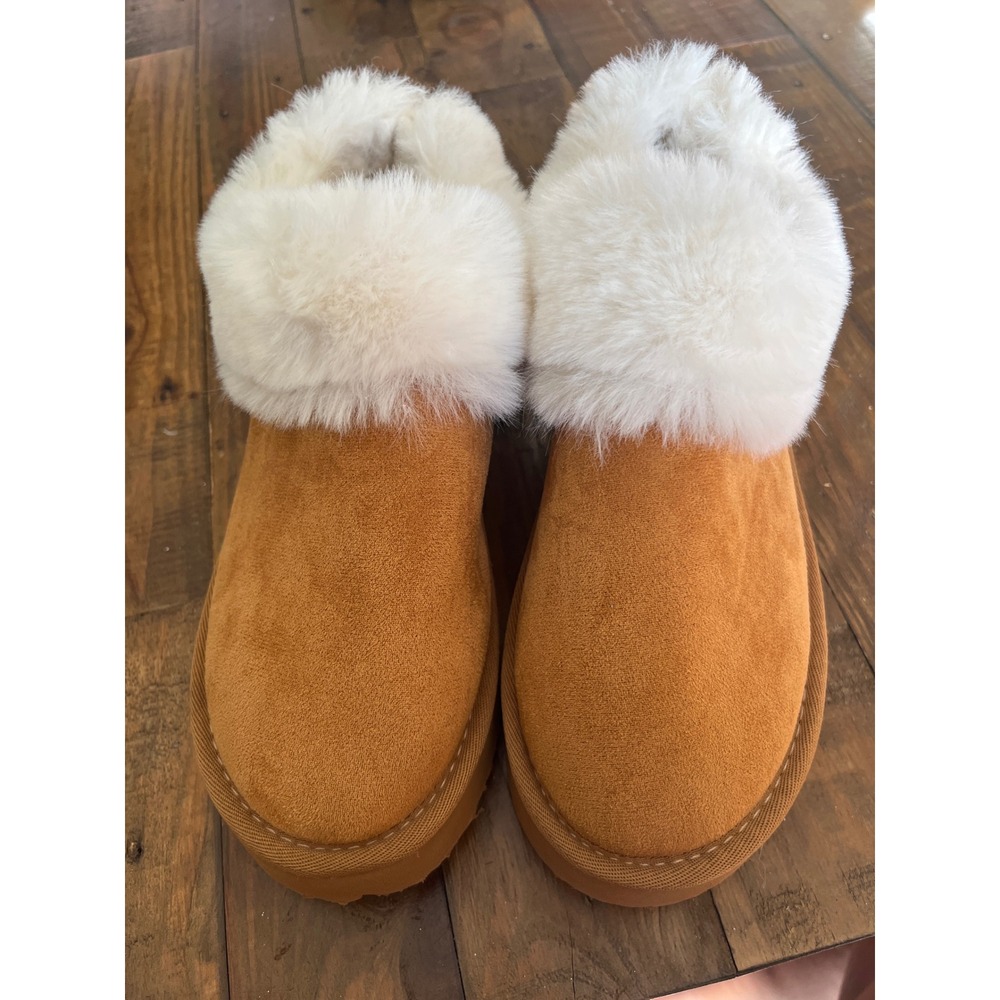 UNBRANDED Platform Slipper Faux Fur Chestnut Women 9 Tan‎ Cozy Loungewear
